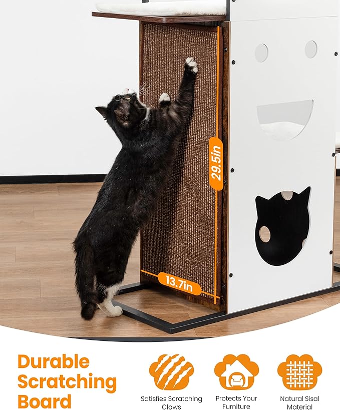 Modern Wood Cat Tree Tower, 84 Inch Extra Tall Cat Condo Trees for Indoor Cats Large Adult, XL Multi-Level Heavy Duty Wooden Sturdy Cat House Furniture with Platform Perch Bed Scratching Post Board