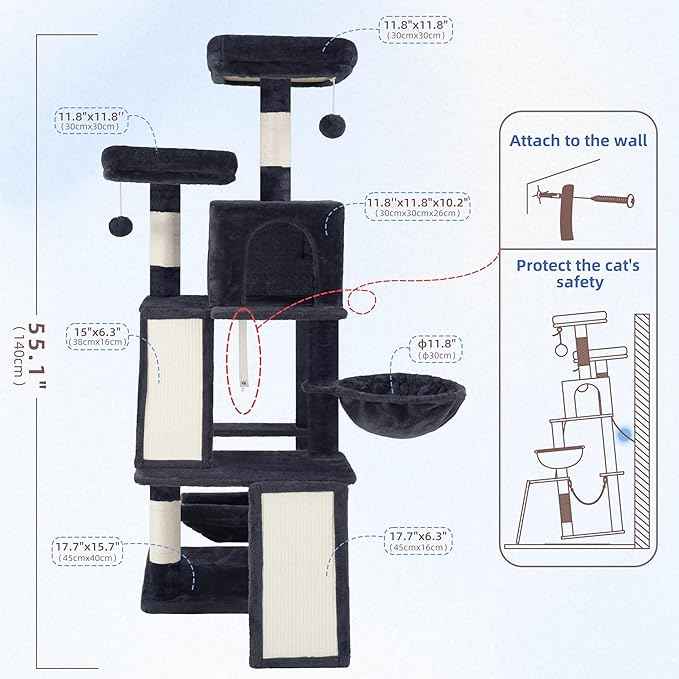 Multi-Level Cat Tree for Indoor Cats, Cat Tower with 2 Scratching Boards, 2 Plush Padding Platforms, Cat Condo House with Hammock, Basket, Smoky Gray GCT022G