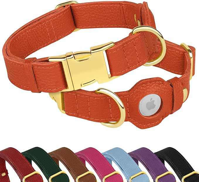 Leather Airtag Dog Collar - Soft Tracking Dog Collar with Apple AirTag Holder and Metal Buckle - Safety GPS Pet Collars for Small Medium Large Dogs Puppy Pink Red (Orange, XL, 20"-25" Neck Fit)