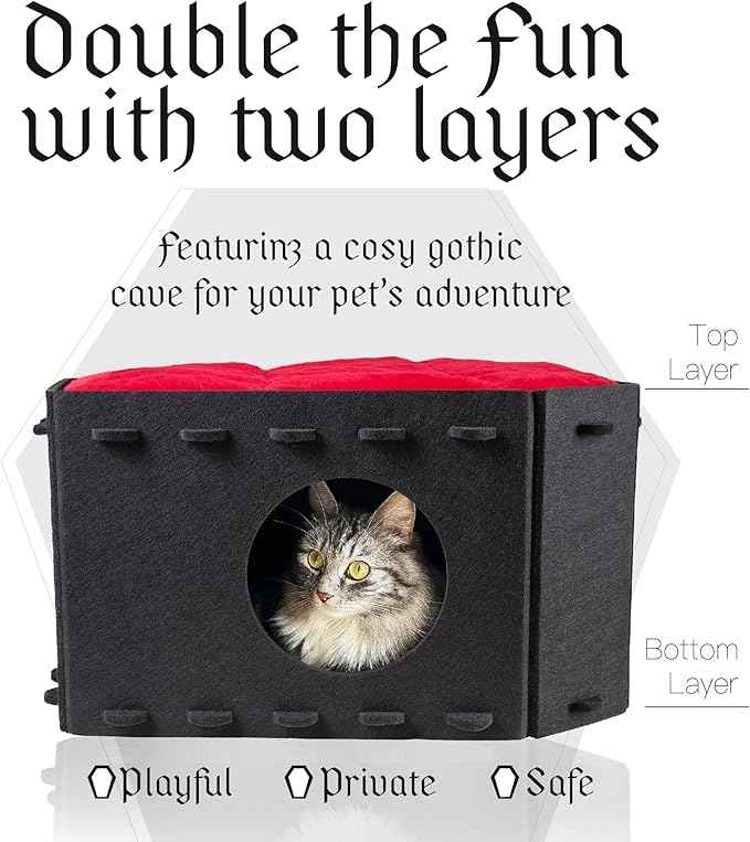 Gothic Cat Bed for Indoor Cats or Pets, Foldable as Halloween Cat House with Soft Cushion for Goth Bed, Gothic Cat House, Coffin Shape Cat Cave Bed, Black and Red Color Halloween Cat Bed