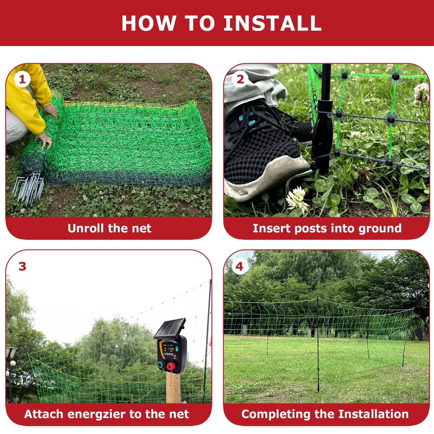 Electric Fence Netting, 164'L x 35.4" H Electric Fence Kit for Livestock, Goat, Dog, Hogs, Double Spiked Portable Electric Poultry Farm Fence, Electric Mesh Fence