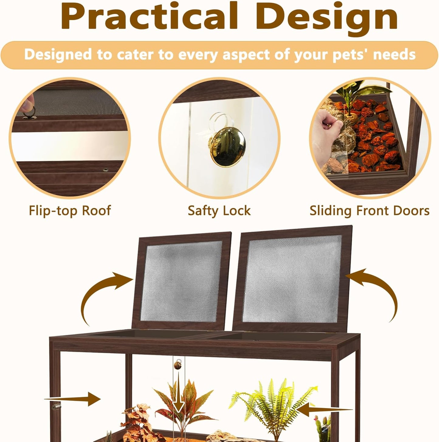 PROLEE Bearded Dragon Tank,34 Gallon Reptile Tank with Meatl Mesh Roof and Front Sliding Door, Anti-Scratch Lizard Tank,Spacious Reptile Enclosure for Snakes,Lguanas, Chameleons(Walnut) - FurryFun