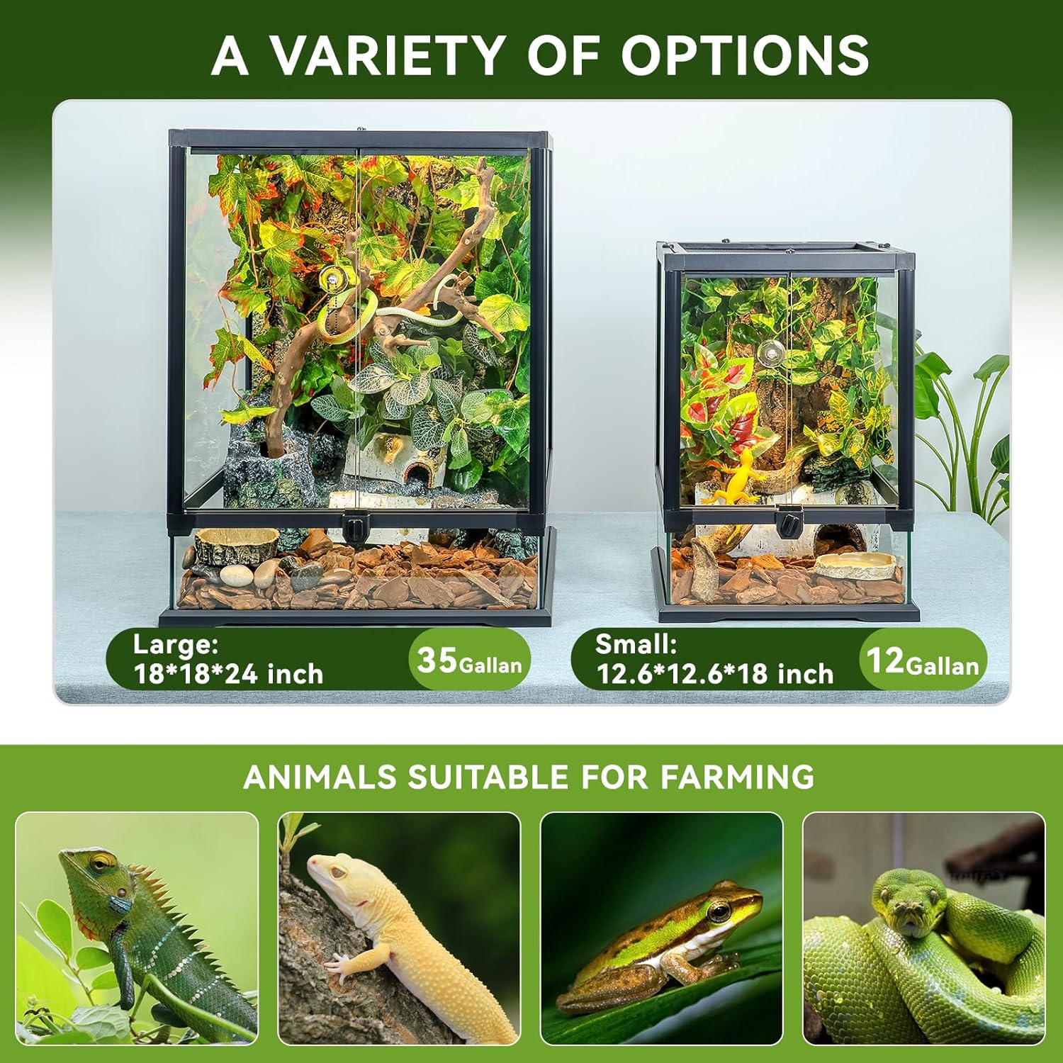 Glass Reptile Tank Front Opening Terrarium Suitable for Leopard Geckos, Snakes, Tree Frogs, Chameleons,Watertight Base, Ventilated Metal Mesh Top, Pre-Drilled Cable Holes 23.9x18x18'' - FurryFun