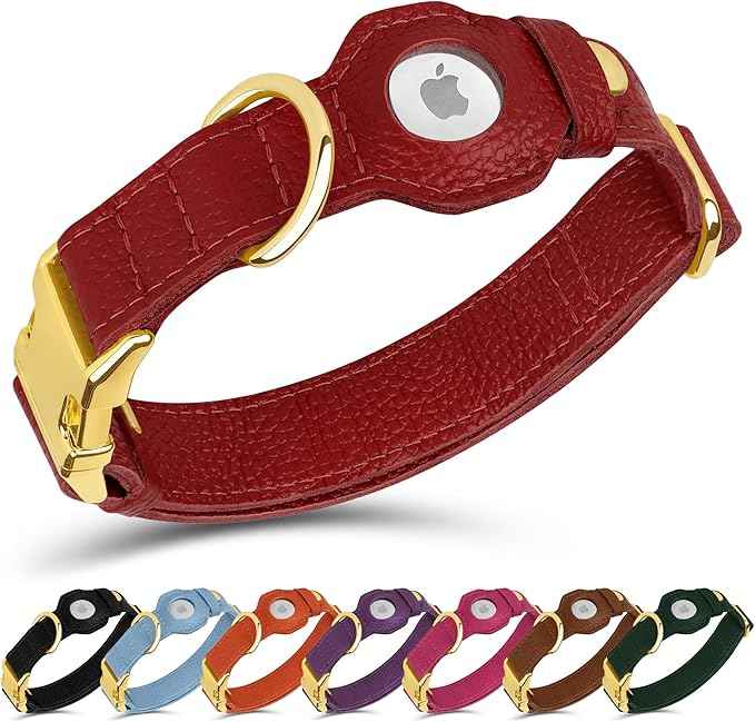 Leather Airtag Dog Collar - Soft Tracking Dog Collar with Apple AirTag Holder and Metal Buckle - Safety GPS Pet Collars for Small Medium Large Dogs Puppy Pink Red (Red, M, 14"-18" Neck Fit)