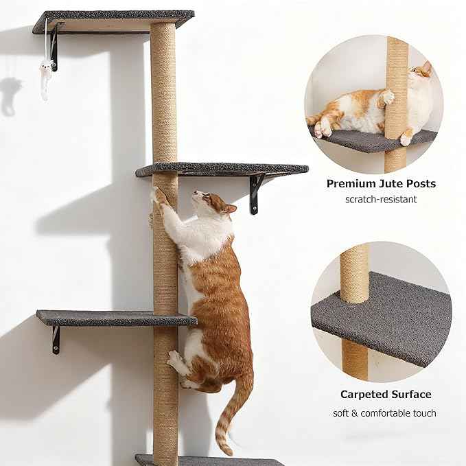 Cat Tree Wall Mounted,Tall Scratching Post for Indoor Cats Climbing Tower Activity Wood Cat Wall Furniture (Grey)