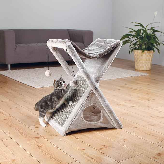 TRIXIE Miguel Fold and Store Cat Hammock, Indoor Cat Furniture with Dangling Toys, Scratching Pad, and Cave, Taupe/Light Gray