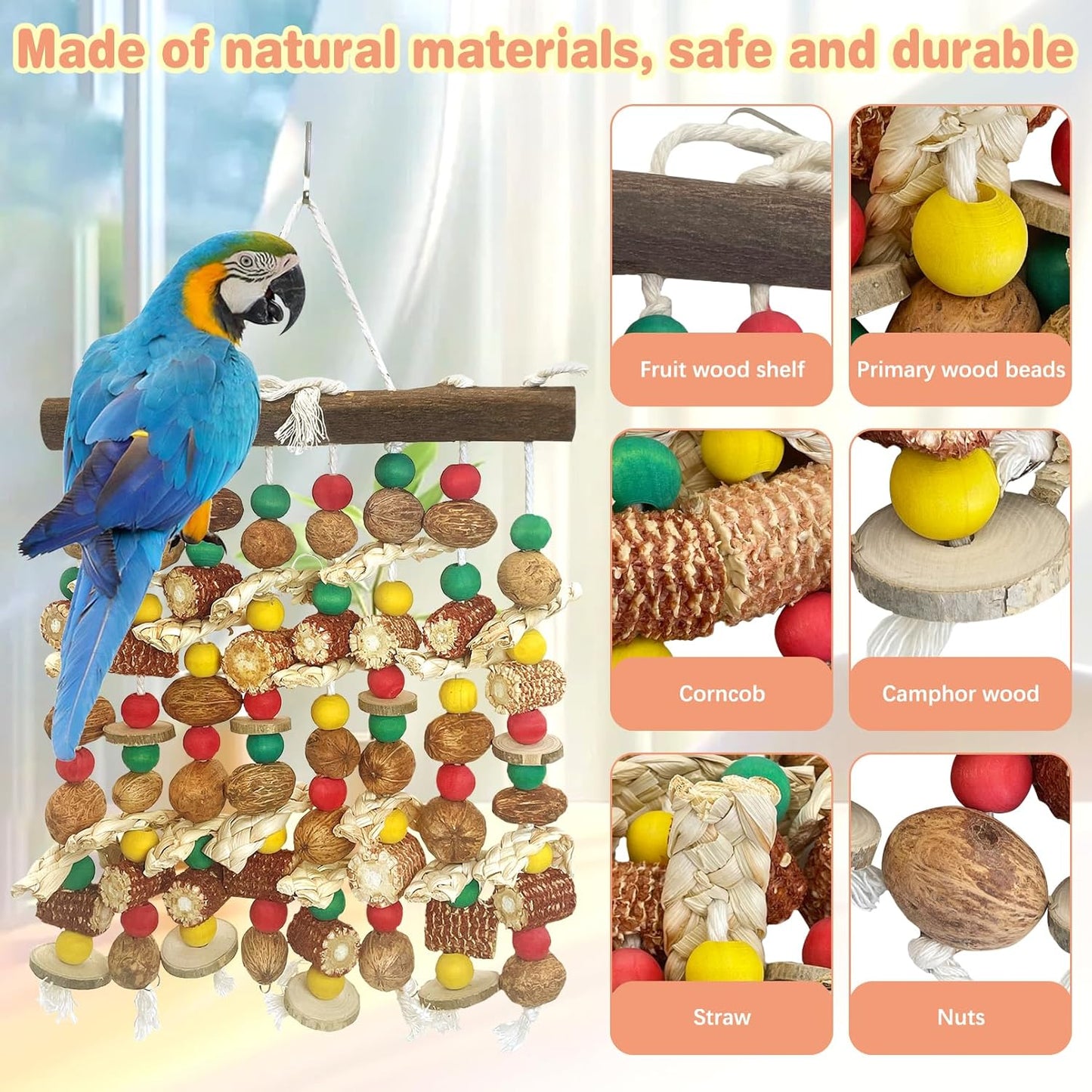 PINVNBY Large Parrot Toys Natural Nuts Corn Cob Wooden Chewing Tearing Toy for African Grey Macaws Amazon Cockatoos Eclectus Conures Cockatiels Cockatoo and Large Medium Parrot Birds (Colorful)