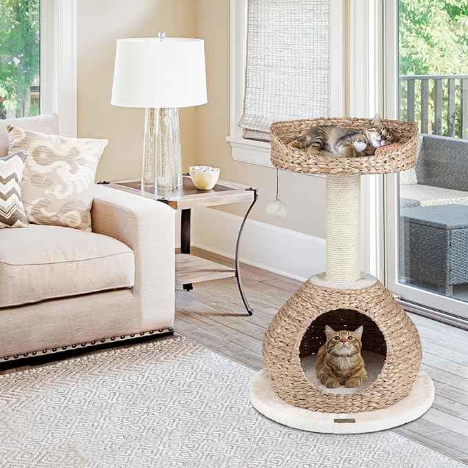 PETSITE 28-inch Modern Cat Tree, Small Cute Cat Tower Sisal Scratching Post, Hand-Made Wicker Condo and Top Perch, Interative Dangling Ball, Ideal for Indoor Cats