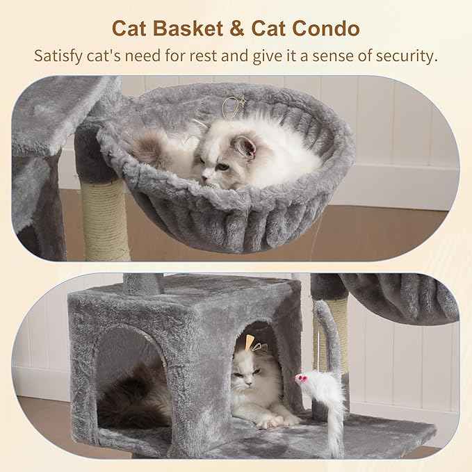 Heybly Cat Tree with Toy, Cat Tower Condo for Indoor Cats, Cat House with Padded Plush Perch, Cozy Hammock and Sisal Scratching Posts, Light Gray HCT004SW