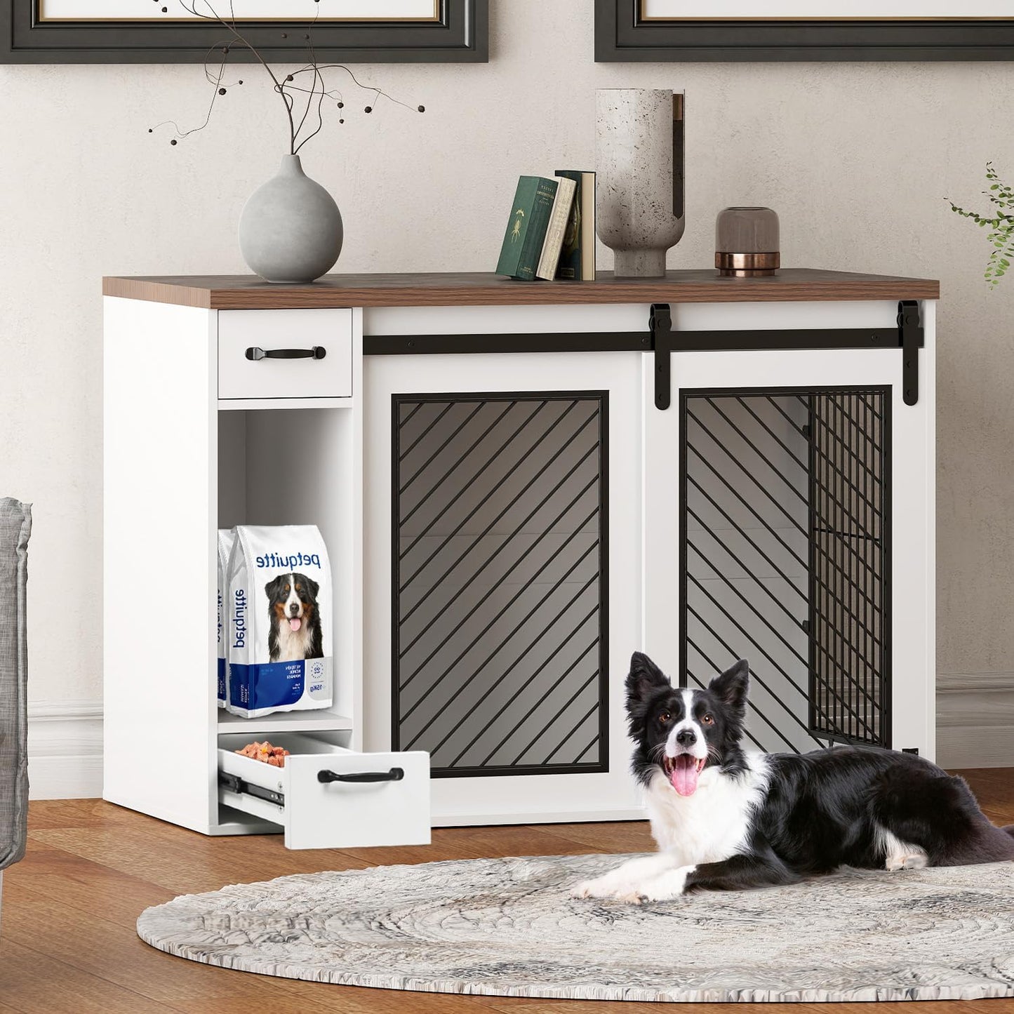 Large Dog Crate, Dog Crates for Medium Dogs, 47.2" Dog Kennel Indoor with Drawers, Feeder Bowls and Storage, 2 Sliding Doors, Heavy Duty Dog Crate Farmhouse Modern Side End Table for Small Medium Dogs