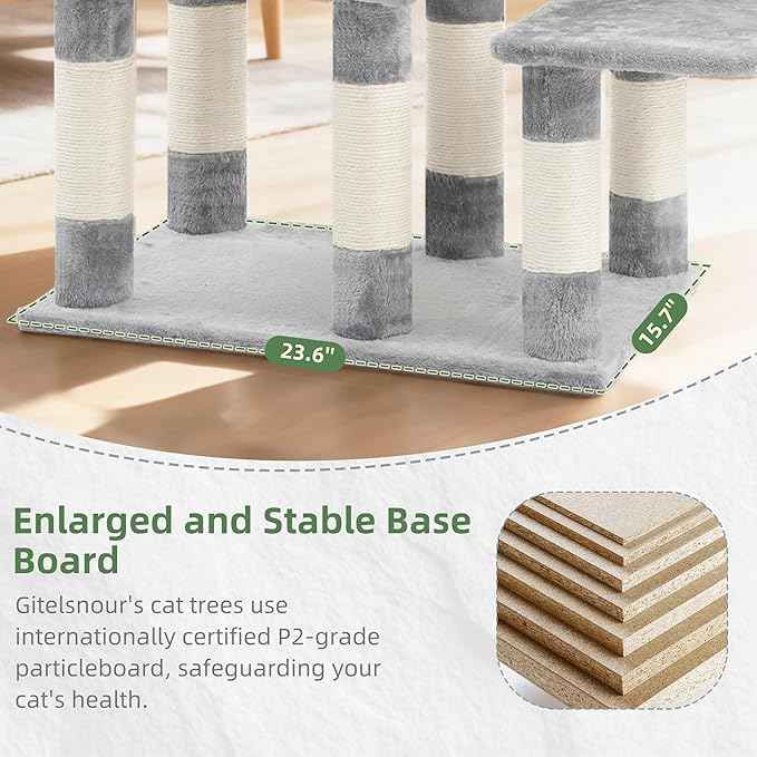 Cat Tree for Indoor Cats Large Adult, Heavy Duty Cat Tree for Large Cats 20 lbs+, Cat Condo with Big Wooden Perch, Cat Tower with 14 Scratching Posts, Hammock, Light Gray GCT023W