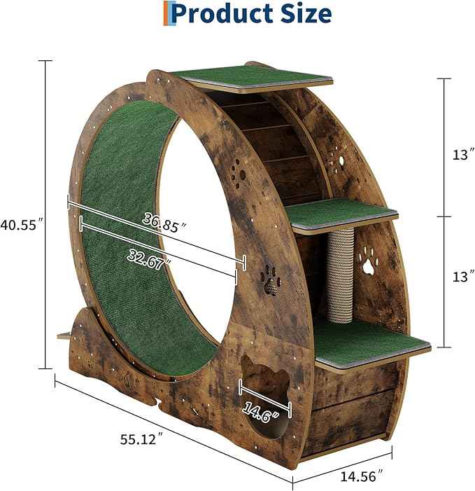 55" Multi-Cat Exercise Wheel with 3-Level Jumper & Scratching Pad - Silent TPE Spinner Activity Center with Rest Area to Prevent Boredom and Obesity in Indoor Cats