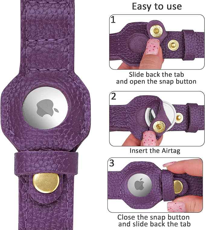 Leather Airtag Dog Collar - Soft Tracking Dog Collar with Apple AirTag Holder and Metal Buckle - Safety GPS Pet Collars for Small Medium Large Dogs Puppy Pink Red (Purple, XS, 9"-12" Neck Fit)