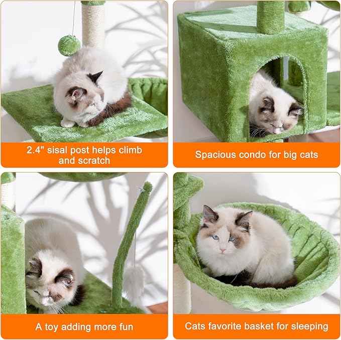 Heybly Cat Tree with Toy, Cat Tower Condo for Indoor Cats, Cat House with Padded Plush Perch, Cozy Hammock and Sisal Scratching Posts, Green HCT004GR