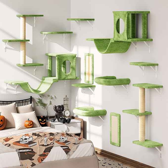 NUNU LAB Wall Mounted Cat Wall Shelves, 12-in-1 Cat Wall Climber with Condos House, Scratching Post, Bridge Ladder, Indoor Space-Saving Furniture for Kittens Play, Green