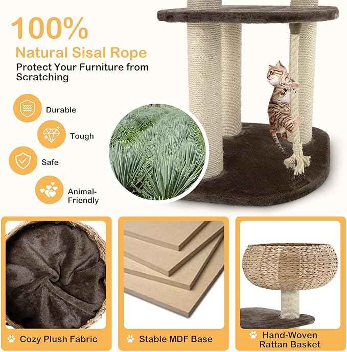 PETSITE 41 Inch Modern Cat Tree for Indoor Cats, Multi-Level Cat Tower with Scratching Posts, Hand-Made Wicker Cat Condo & Top Perch, Dangling Ball, Sisal Rope, Cute Cat Tree for Indoor Cats