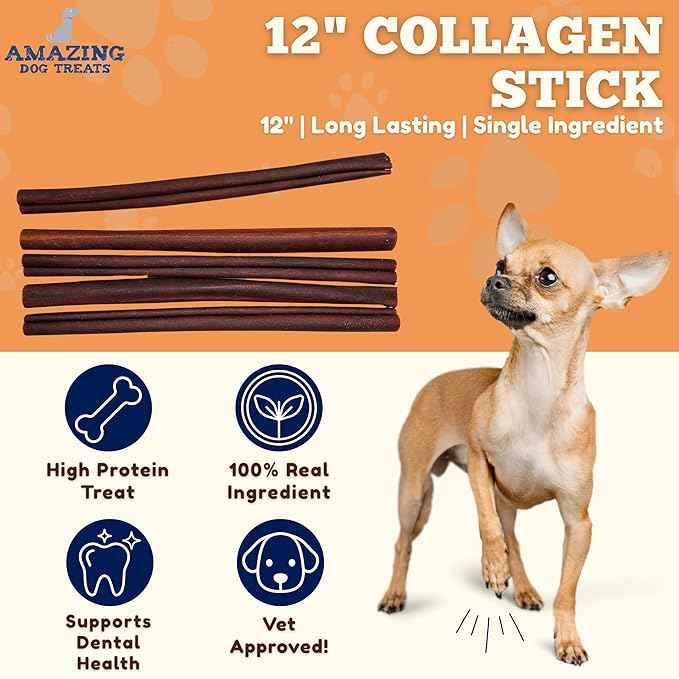 Amazing Dog Treats 12 Inch Collagen Stick - (10 Count)- Collagen Sticks for Dogs - No Hide Dog Bones