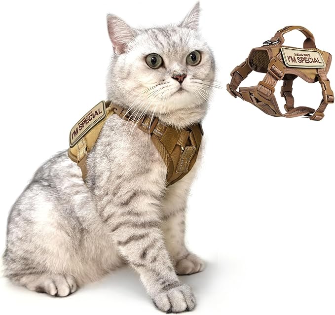Tactical Cat Harness Khaki for Walking Esacpe Proof,Adjustable Soft Mesh Large Cat Vest with Rubber Handle Easy to Control,Molle Patches XL