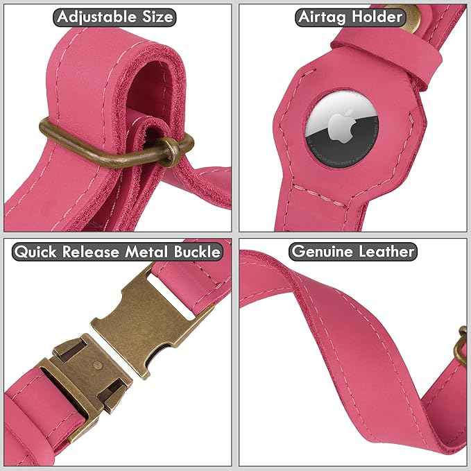 AirTag Dog Collar - Genuine Leather Dog Collar with Apple AirTag Holder and Metal Buckle - Smart GPS Tracking Pet Collars (Pink, M, 14"-18" Neck Fit)