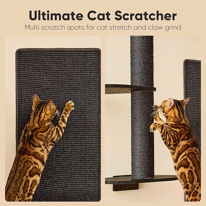 FUKUMARU Cat Wall Shelves, 4 in 1 Stable Wooden Wall-Mounted Furniture Set, Climbing Tree with Hammock, Bed, Perch and Scratching Mat (Black)