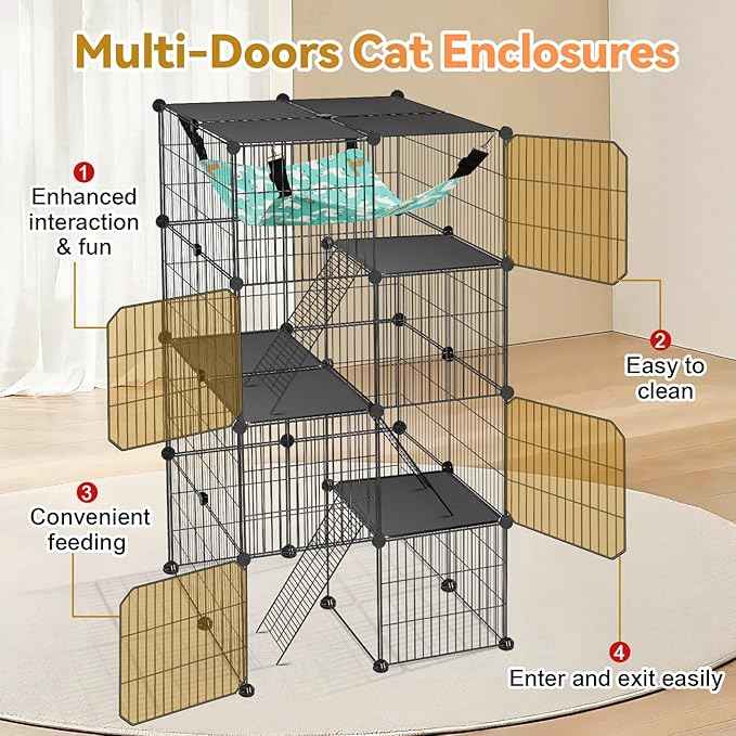 Cat Cage, 4-Tier DIY Cat Enclosures Catio, Cat Playpen Indoor & Outdoor with Hammock, Detachable Metal Wire Kennel Cats Crate, 2x2x4 Exercise Place for 1-3 Cats/Kitten
