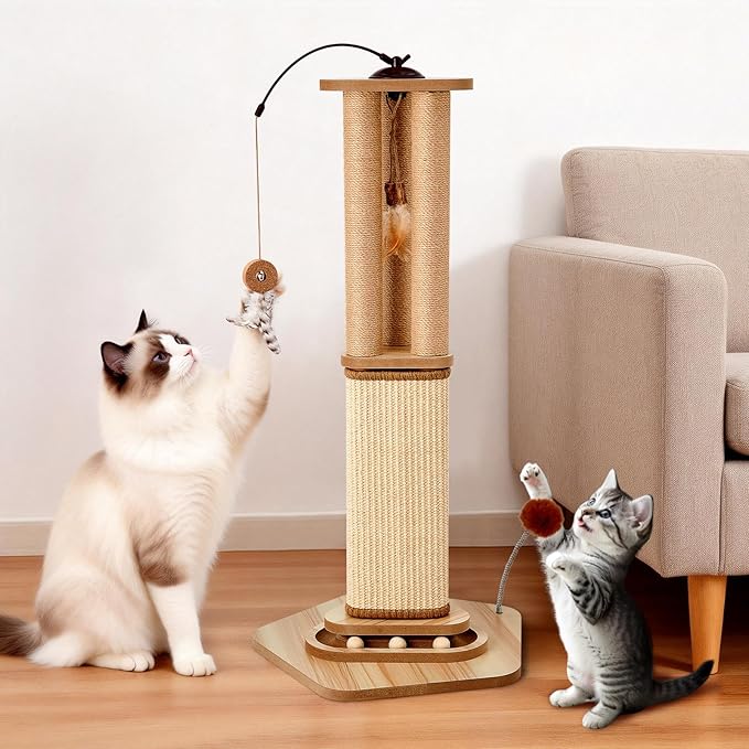 34 Inch Tall Cat Scratching Post for Large Cats, Heavy Duty Natural Sisal Cat Scratcher with Multi Interactive Toys 360° Rotating Feather Toy, Ball Track, Spring Pom for Adult Cats & Kittens