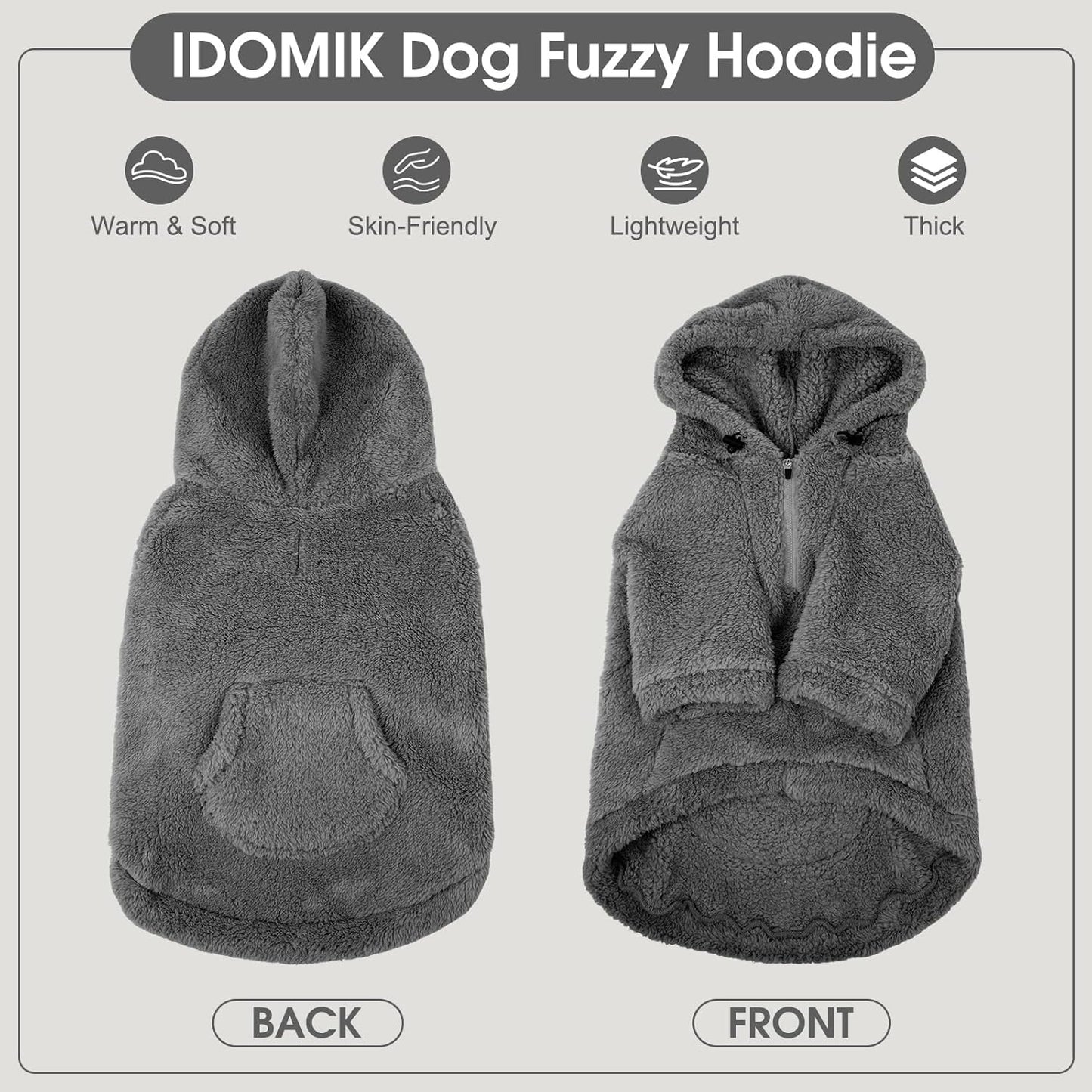 IDOMIK Fuzzy Dog Sweater with Adjustable Hood, Warm Fleece Dog Sweater Hoodie with Harness Hole & Pocket, Pullover Sweaters for Small Dogs, Fuzzy Hooded Sweatshirt for Fall Winter Christmas,Grey,XS