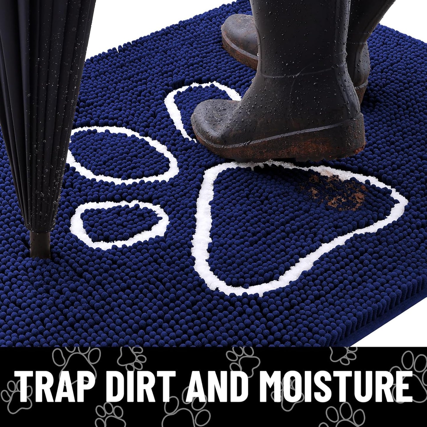 Smiry Dog Door Mat for Muddy Paws, Absorbent Dirt Trapper Non Slip Quick Dry Washable Chenille Mat for Mud Dogs, Entry Rug for Indoor and Outdoor (47x24 Inches, Navy Blue)