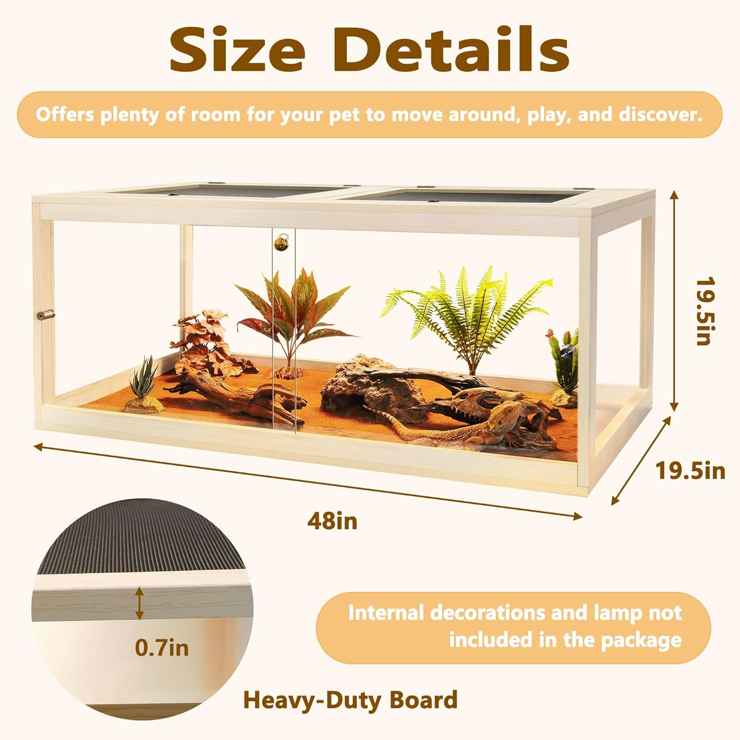 Prolee Reptile Terrarium Tank Up to 78 Gallon, Lizard Tank Bearded Dragon Tank with Metal Mesh Roof Door, Snake Tank with Lock Design (Oak, 78 Gallon Volume, 48 Inch Length) - FurryFun