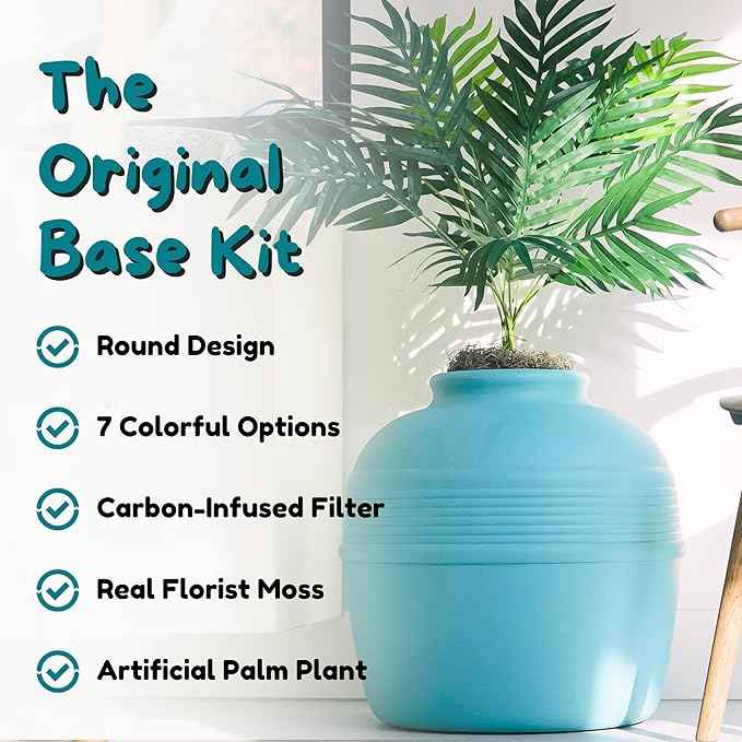 Good Pet Stuff Hidden Litter Box Planter, Decorative Cat Litter Enclosure with Carbon Filter, Artificial Plant, Easy Clean, Indoor Design, Original Round Style, Base Kit, Caribbean Blue