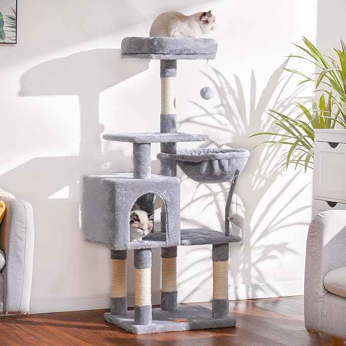 Heybly Cat Tree with Toy, Cat Tower Condo for Indoor Cats, Cat House with Padded Plush Perch, Cozy Hammock and Sisal Scratching Posts, Light Gray HCT004W
