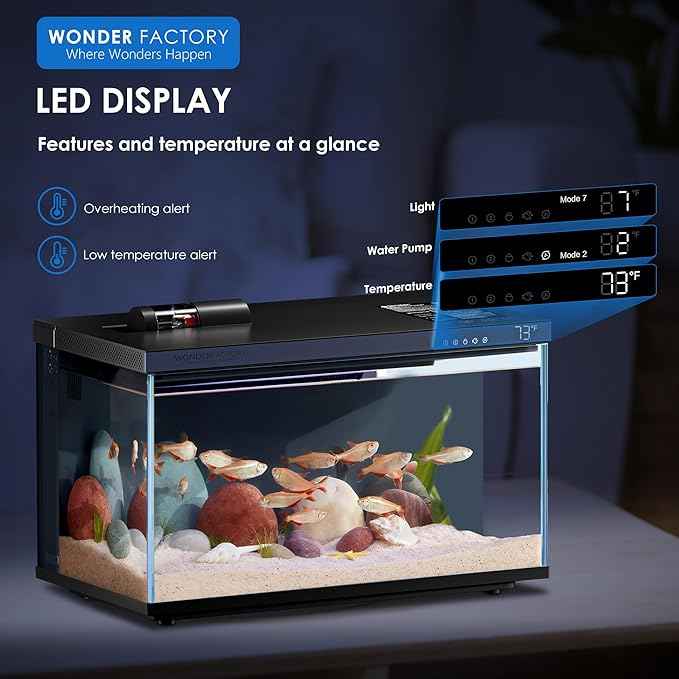 Wonderfactory Smart Aquarium 5 Gallon Glass Fish Tank, Self Cleaning System Efficiency Filter 7 Color LED Lights Automatic Feeder Temperature Display Monitor HD UHA Glass, Smart Control with Apps