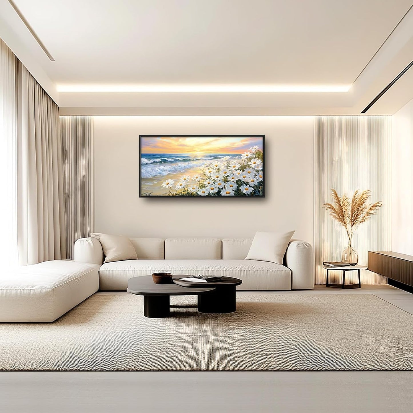 Large Beach Daisy Wall Art, Framed Coastal Beach Wall Decor for Living Room, Oversized Sunrise Canvas Painting Seascape Pictures Home Decoration for Living Room Bedroom Office 60"x30"