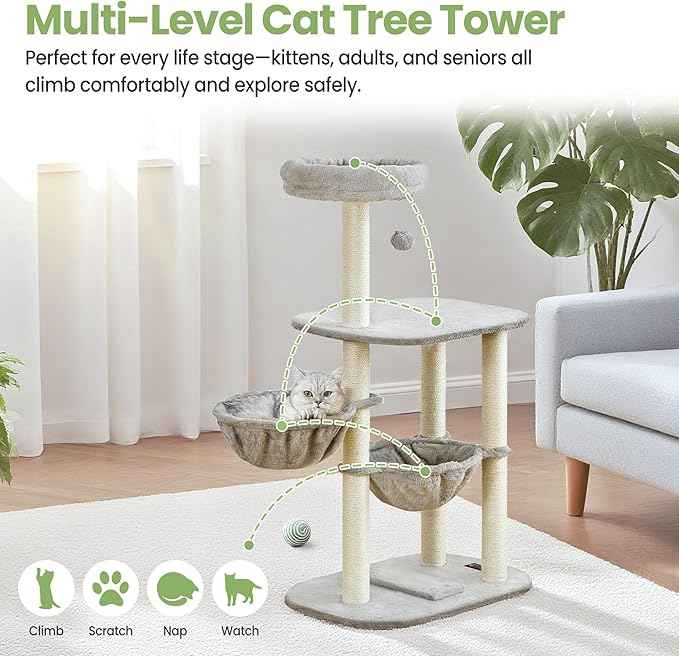 Small Cat Tree Tower with Lots of Scratching Posts - 42 Inch Medium Compact Cats Scratch House with Hammock Perch for Multi Level 2 Kitty - Indoor Corner Cat Bed Condo Climbing Gym Towers Furniture