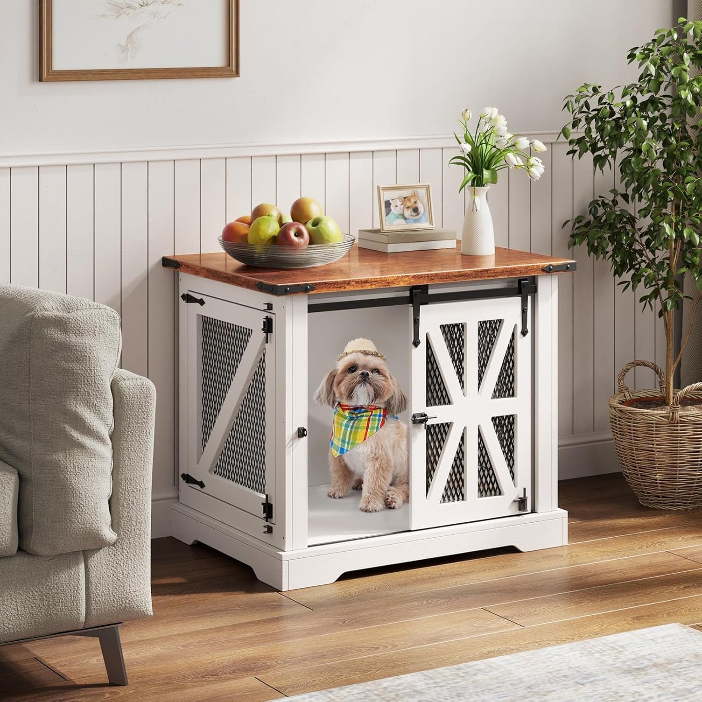 VOPEAK 27.5" Small Dog Crate Furniture, Chew Resistant Dog Crate for Puppy Dogs, Heavy Duty Small Dog Crate Dog Kennel Indoor with Double Doors, Wooden End Table for Bedroom Living Room, White