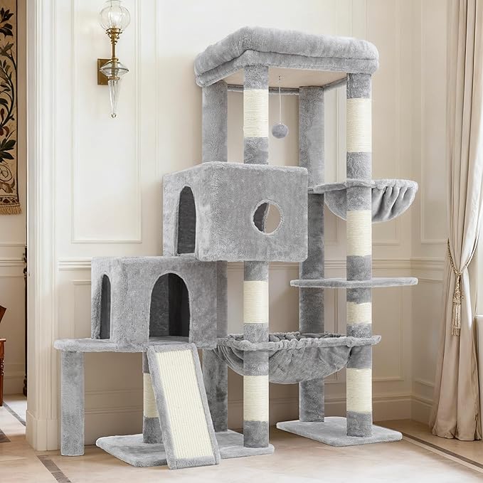 Hey-brother Cat Tree Tower, Scratching Posts with Big Platform, 2 Condos, Spacious Hammock, Cozy Basket, Sisal Board for Indoor Large Adults, 50 Inches Progressive Climbing House, Light Gray MPJ071W