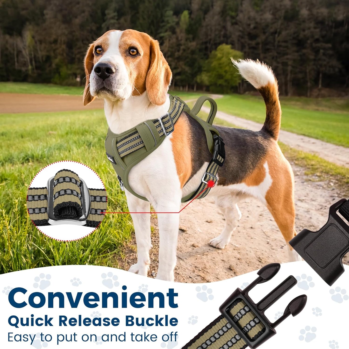 Funfox Dog Harness No Pull, Adjustable Pet Vest Harness, Super Soft Material with Vertical Handle Easy Control, Reflective Night Walking, 2 Leash Clips for Small Sized Dogs, Army Green, S