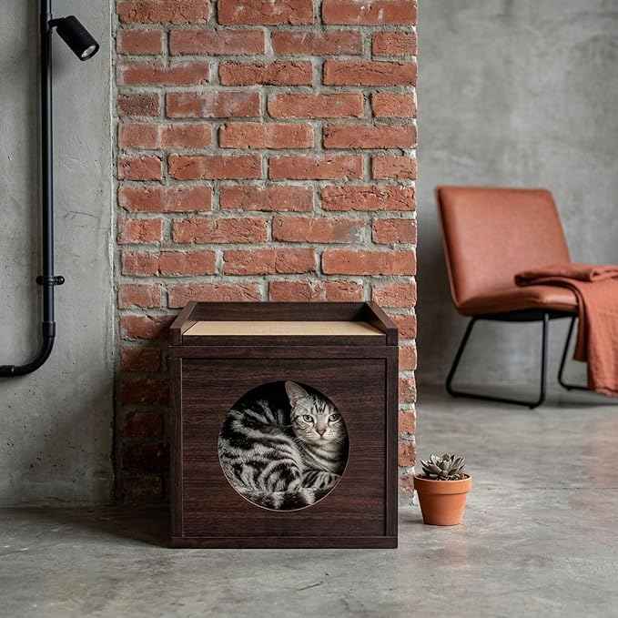 Meowdium Cat House – Cat Condo with Cardboard Scratcher, Scratching Post, Bed & Toy Storage, Cozy Cat Furniture & Accessories for Indoor Cats, Espresso