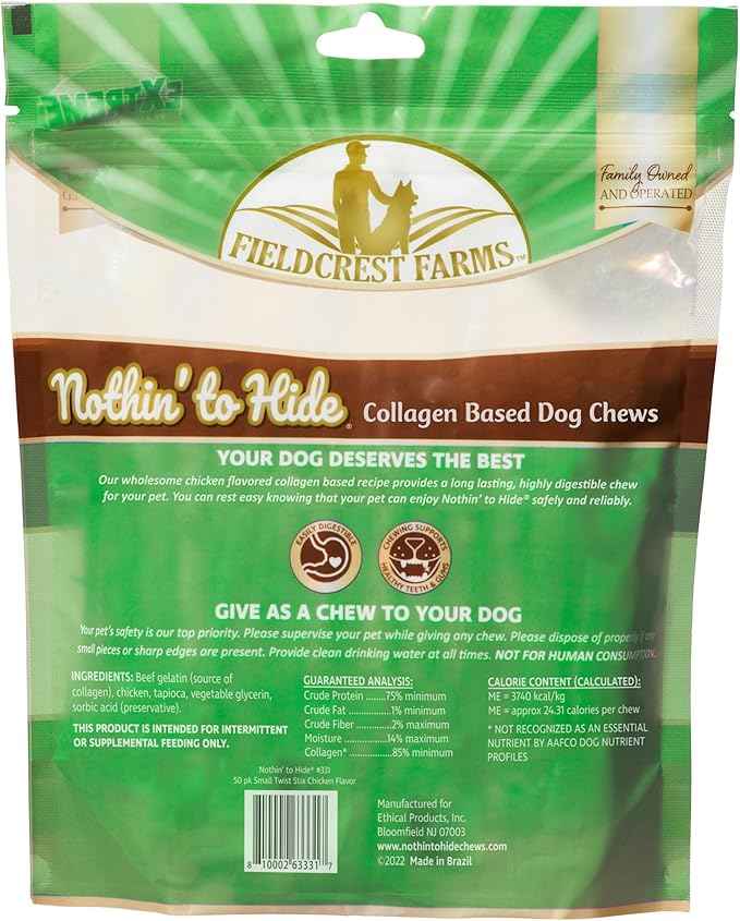 Fieldcrest Farms Nothin' to Hide Twist Stix, Chicken Flavor, Easily Digestible, Supports Skin, Coat, Joints & Muscles, for Moderate Chewers Under 15lbs, 50 Pieces