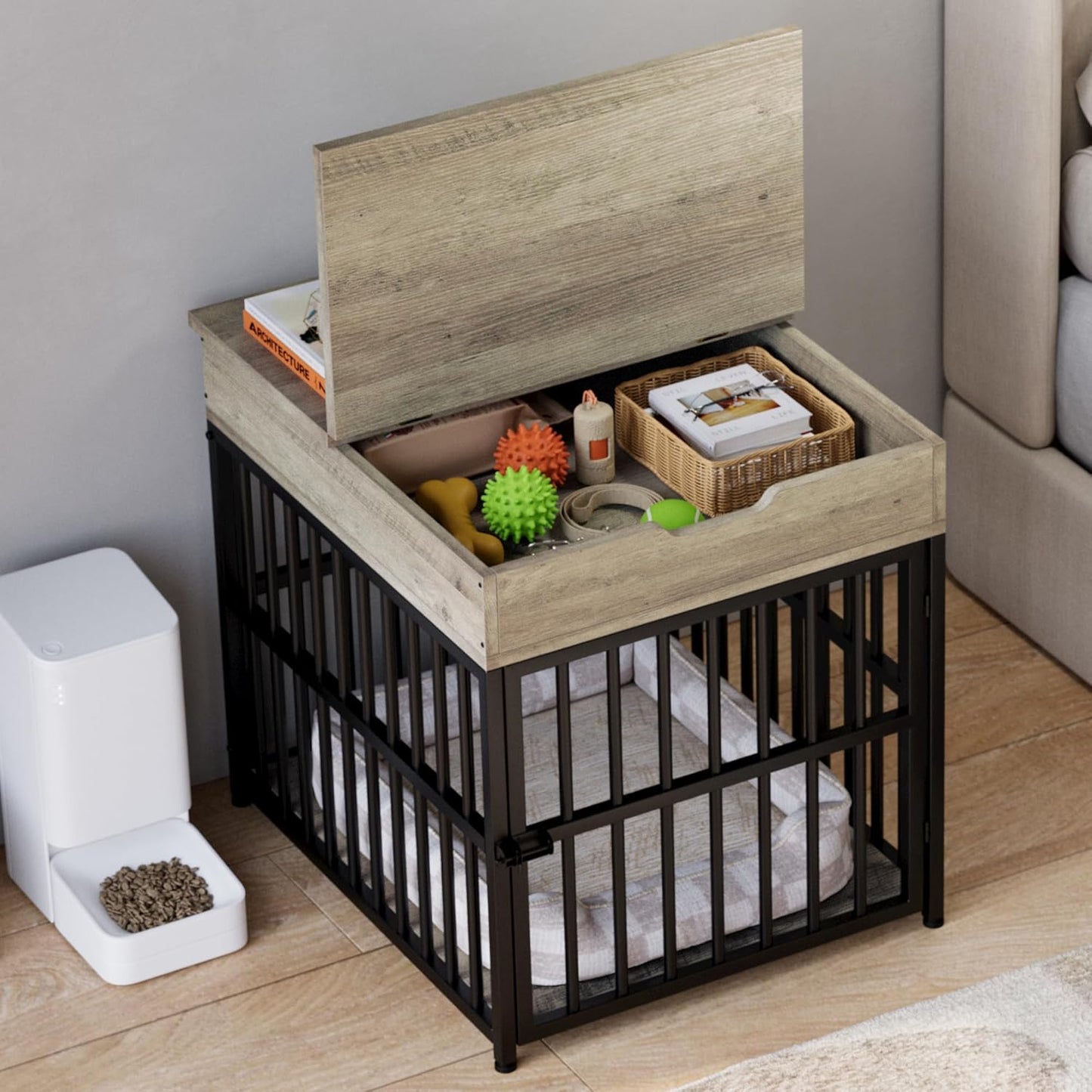 IRONCK Dog Crate Furniture for Small Dogs, Wooden Dog Kennel with Flip Top Drawer, Indoor Pet Crate End Table with Charging Station, Steel-Tube Dog Cage, Gray