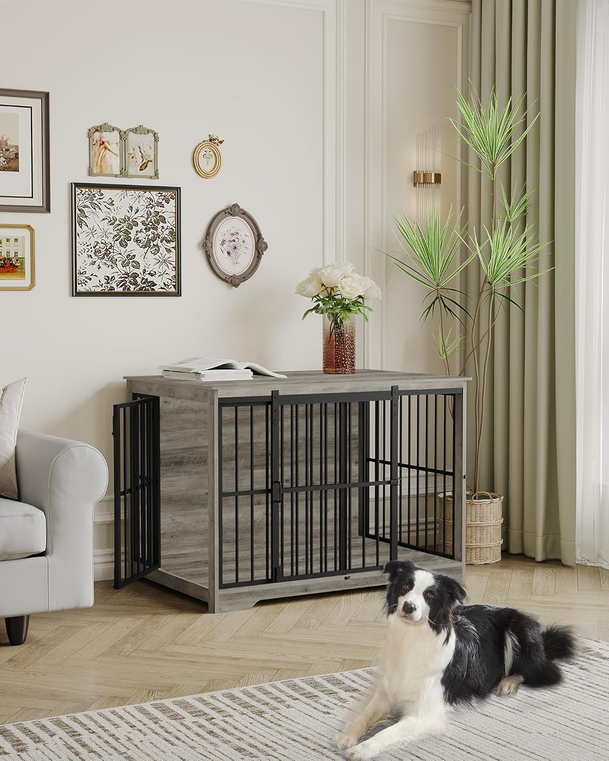 XL Large Dog Crate Furniture, 44.1" Indoor Dog Kennel Furniture with Barn Door, Wooden Tall Dog Crate, Heavy Duty Dog Cage for Large Dogs, Side End Table, Anti-Chew, Greige Black DFC80105B