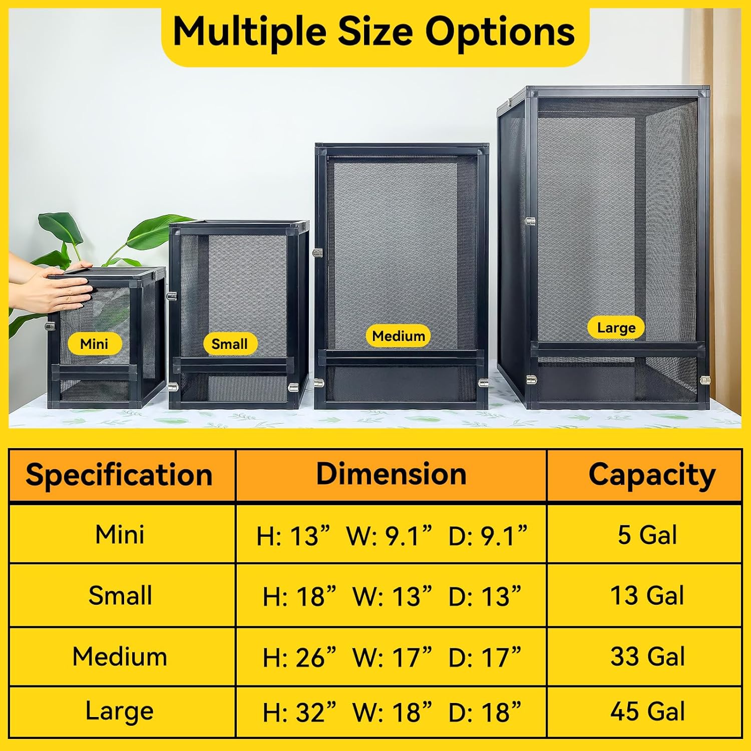 33 Gallon 360° Panoramic Foldable Reptile Terrarium Kit: Crested Gecko Tank and Reptile Cage for Superior Ventilation, Easy Feeding, Sturdiness, and Simple Assembly (Black, 26"x17"x17") - FurryFun