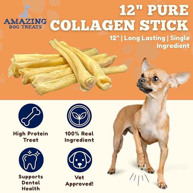 Amazing Dog Treats - Large Collagen Stick - (12 Inch - 50 Count) - Beef Cheek Rolls - 100% Pure Collagen Sticks