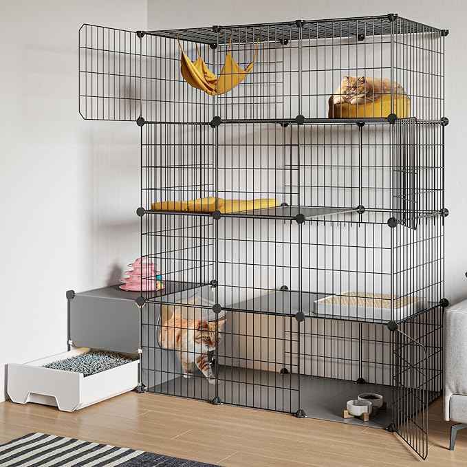 Oneluck Cat Cage with Litter Box,4-Tier DIY Enclosures Large Playpen Detachable Metal Wire Kennel Indoor Crate Large Exercise Place Ideal for 1-2 Cats (41.3" L x 17.8" W x 55.1" H)