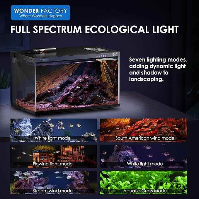 Wonderfactory Smart Aquarium 5 Gallon Glass Fish Tank, Self Cleaning System Efficiency Filter 7 Color LED Lights Automatic Feeder Temperature Display Monitor HD UHA Glass, Smart Control with Apps