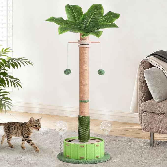 40" Tall Cat Scratching Post, Scratching Posts for Indoor Cats Adults and Kittens with Rotating Hanging Ball, Interactive Cat Puzzle Toy and Spring Cat Treat Dispenser, Palm Tree Scratch Post for Cats
