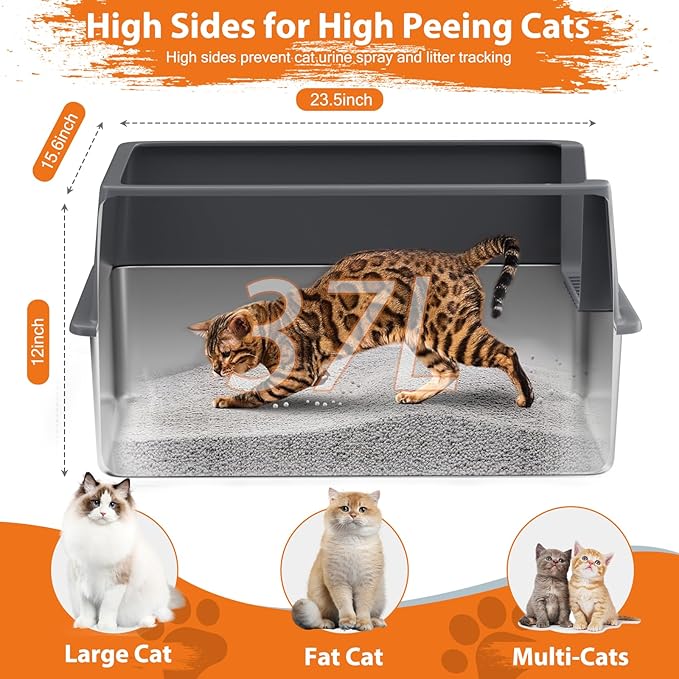 Stainless Steel Litter Box with Lid, 2 Pack XL Metal Cat Litter Box with Removable High Sided Enclosed, Foot Pedal & Scoop & Litter Mat for Big Cats, Anti-Urine Leakage, Non-Stick Bottom