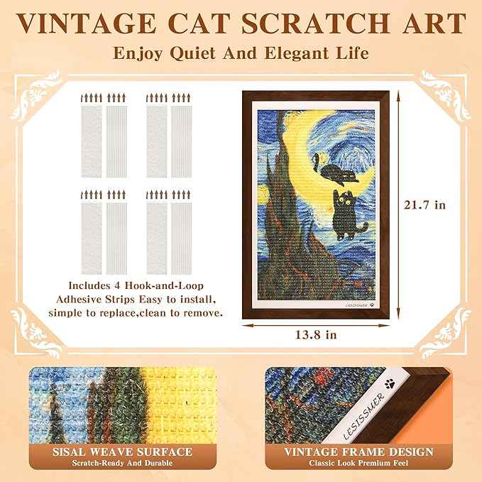 Wall Art Cat Scratcher Sisal Mat, No-Drill Wall Mounted Cat Scratch Pad with Frame, 13.8 x 21.7 Inch Cat Wall Scratchers for Indoor Cats（Starry Night）