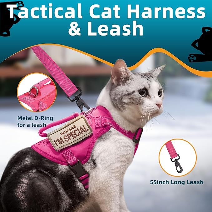 Tactical Cat Harness Pink for Walking Esacpe Proof,Adjustable Soft Mesh Large Cat Vest with Rubber Handle Easy to Control,Molle Patches L