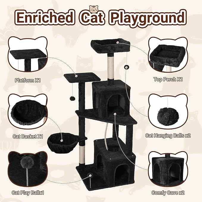 54 Inch Multi-Level Cat Tree Tower with Hammock, Condos & Scratching Posts, Large Cat Furniture for Indoor Cats with Pompoms, Black